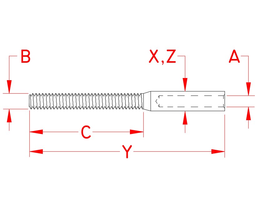 Stainless Steel Rail Swage Stud - UNF thread, right hand and left hand, S0727-0703, S0727-0704, S0727-0705, S0728-0703, S0728-0704, S0728-0705, Line Drawing